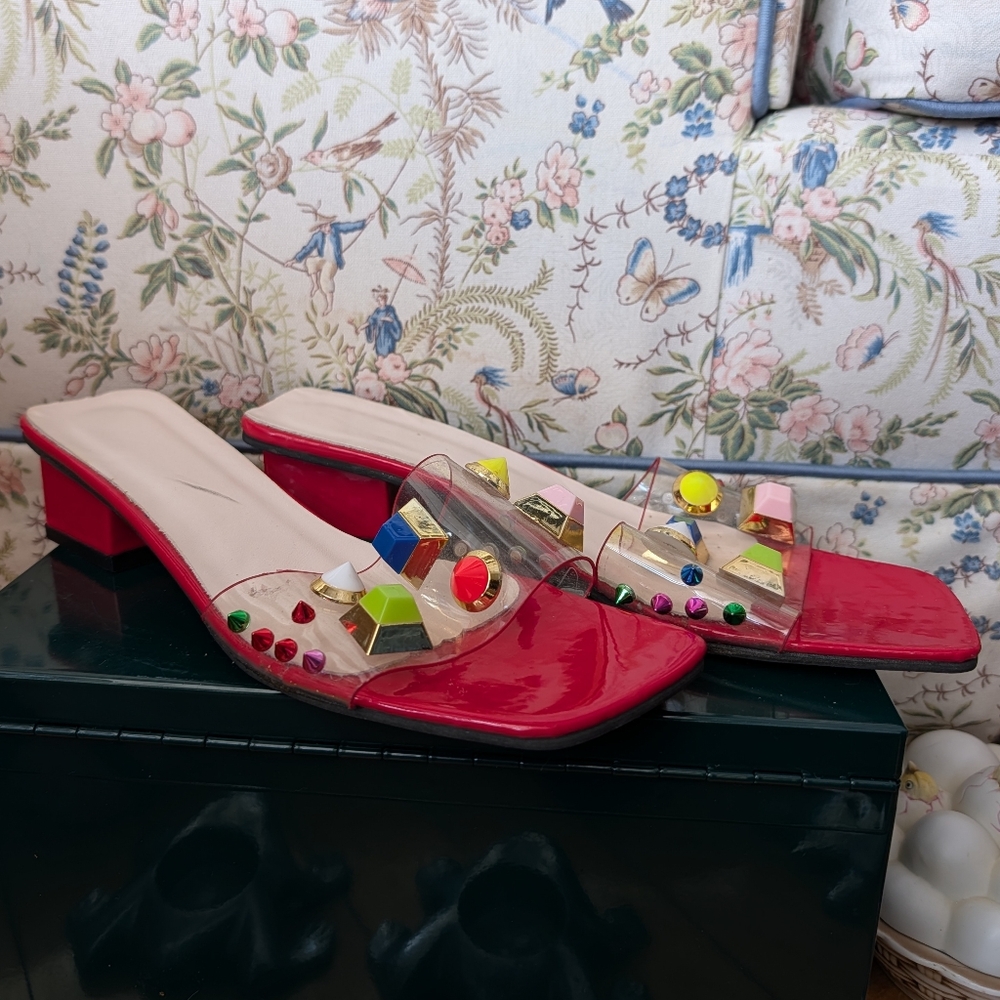 Red Gem-Embellished Slide Sandals
